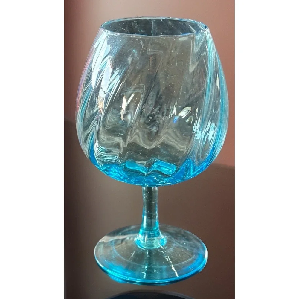 Vintage Aqua Blue Glass Brandy Snifter Optic Swirl Empoli Style Large MCM 8.5